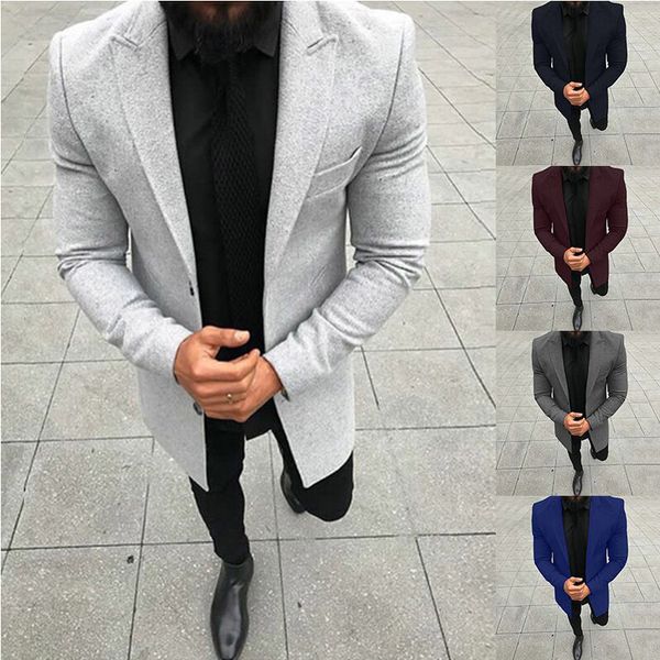 

2019 winter men's casual thicken woolen trench coat business coats male solid color slim fit overcoat medium long jackets, Black