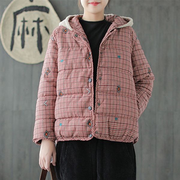 

casual plaid thicken hooded coats women parkas 2019 winter warm loose padded cotton outwear covered button jacket, Black