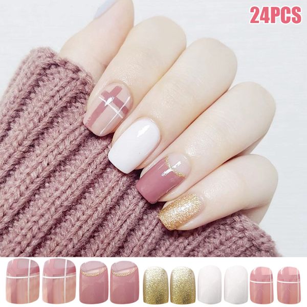 

24 pcs elegant pink white gold nail art stickers french style waterproof nail art patch oa66, Black
