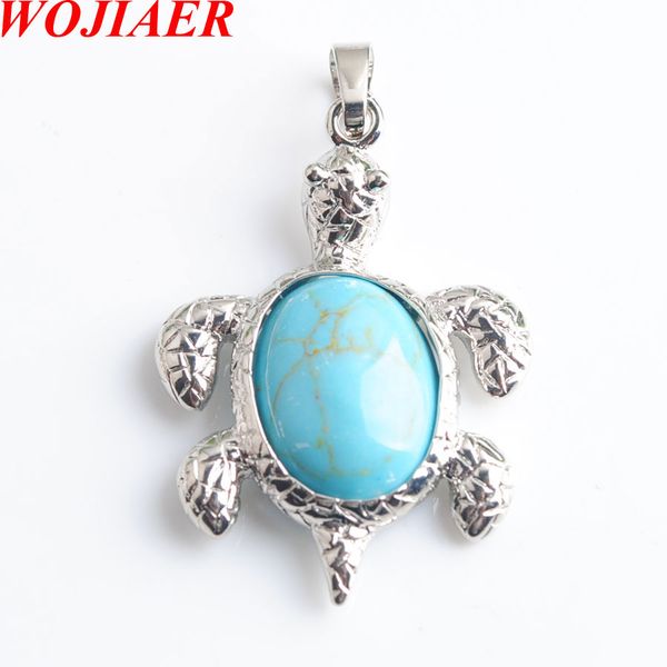 

wojiaer natural turquoise stone turtle tortoise animal pendants & necklaces gem bead diy men women jewelry making dn8082, Silver