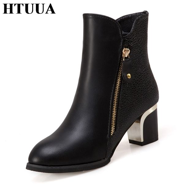 

htuua plush warm winter boots women thick high heels ankle boots ladies shoes pu leather platform snow boot bottes femme sx1502, Black