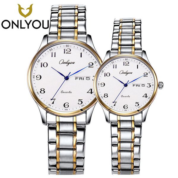

onlyou fashion watch men stainless steel band business women gold watch for boys girl week display date clock 81062, Slivery;brown