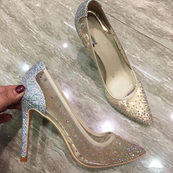 

brand lace diamond female fine gauze high-heeled shoes with pointed shoes lighter crystal wedding shoes, Black