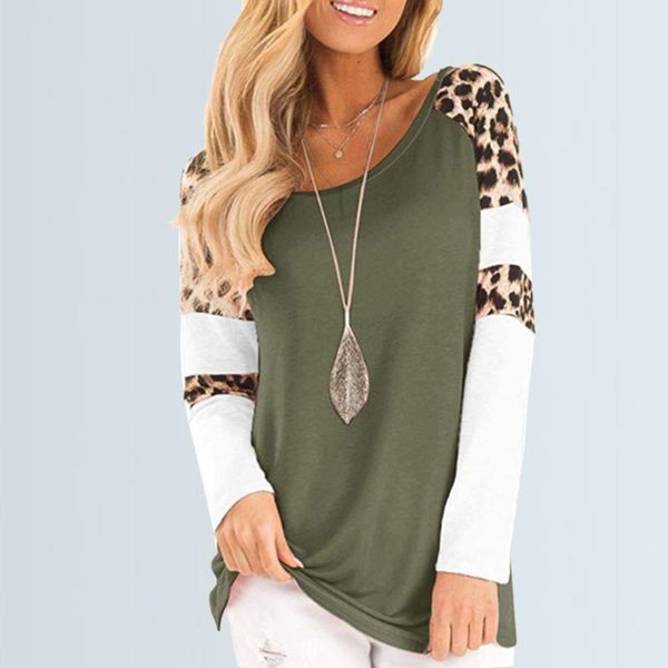 

elegant spring leopard print soft color block casual daily travel winter autumn women shirt tunics crew neck long sleeve, White