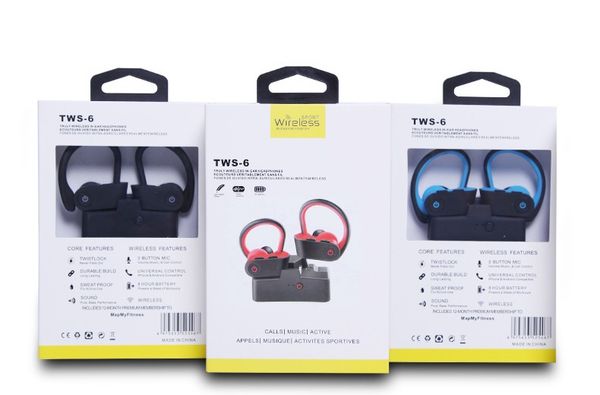 

2019 new sport headset tws-6 in-ear bluetooth wireless headphones tws 6 in ear hook earbuds with charging socket vs power 3 earpieces