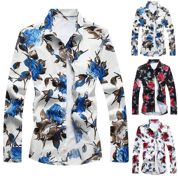 

hawaiian shirts for men plus size shirts men dress flower print shirt turn down collar long sleeve male camisa, White;black