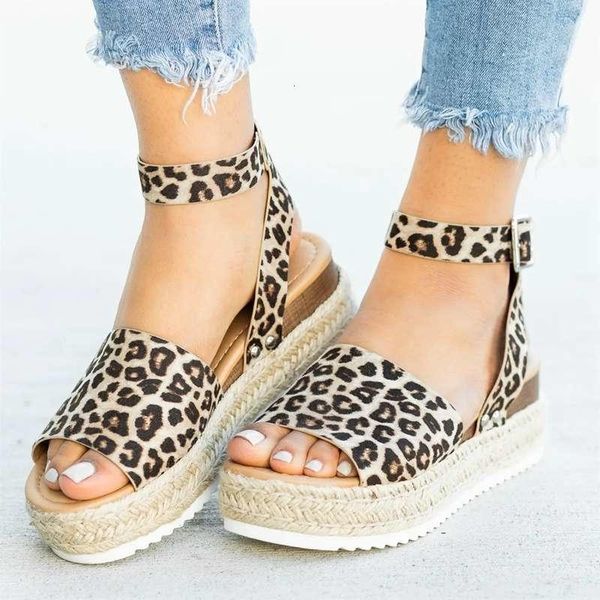 Hot Sale-Wedges Schuhe High Heels Sommerschuhe Leopard Slides Chaussures Femme Plateau Sandalen 2019 GMX190705