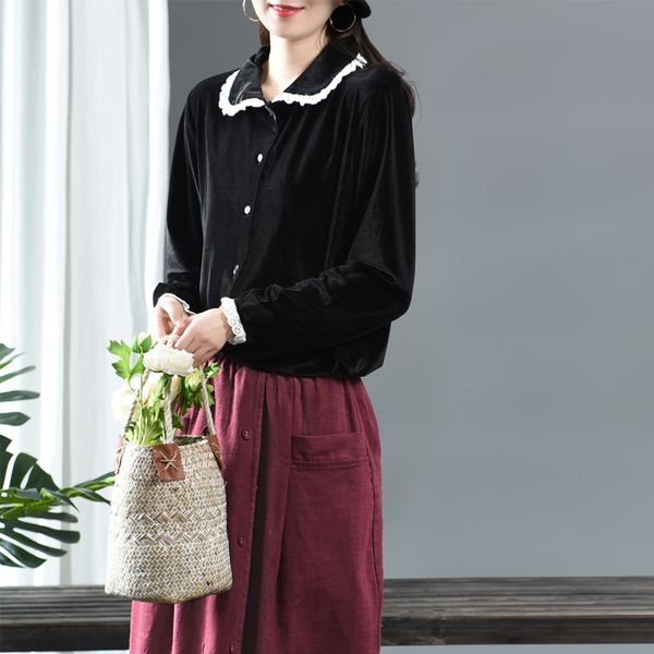 

fairynatural casual sweet girl peter pan collar faux silk blouses 2020 button loose vintage women rayon shirts long sleeve, White