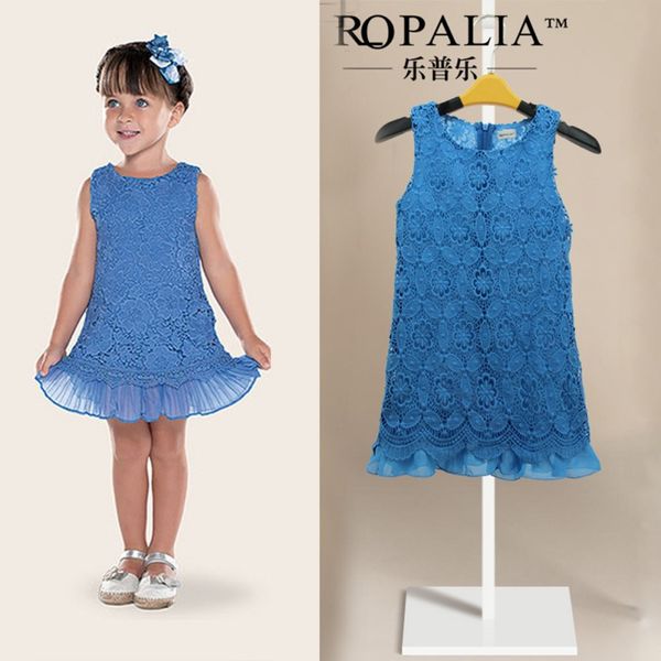 

girls blue vest lace dress, Red;yellow
