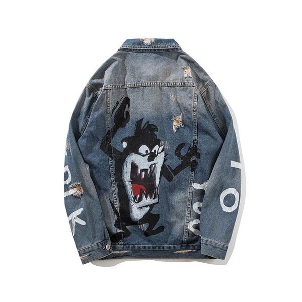 

mens hip hop cartoon printed denim jackets new fashion high street casual male loose jackets coats, Black;brown