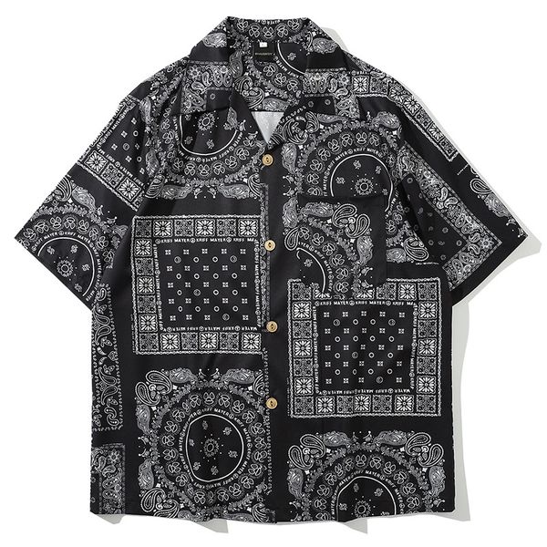 

men's casual shirts male streetwear hip hop men retro pattern print short sleeve shirt, White;black