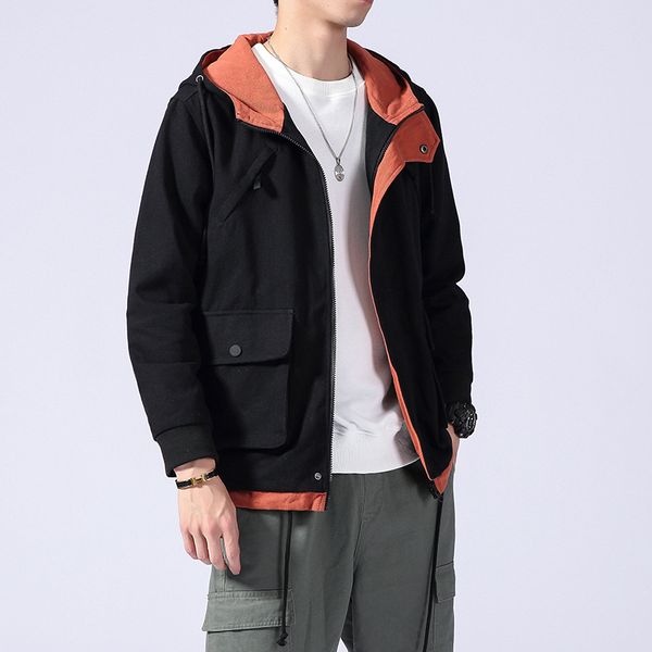 

legible 2020 solid jacket men big pocket jacket mens hooded cargo jackets and coats casual loose outwear streetwear, Black;brown