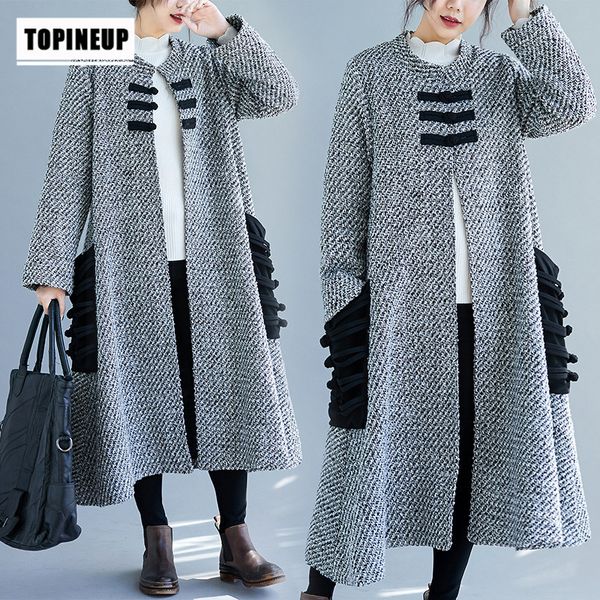 

2019 women winter loose long outerwear u collar chinese style vintage coat chinese style woolen coat, Black