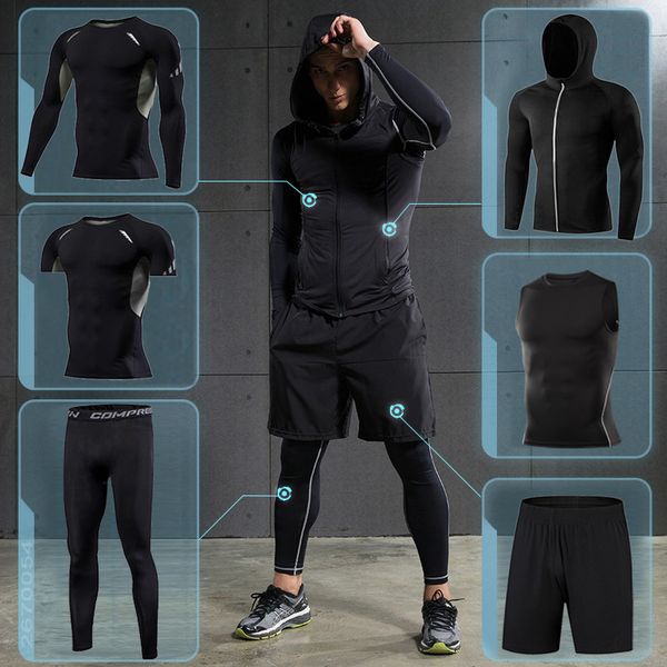 

men's sport suit running set training tracksuit jogging sport clothing fitness tight sportswear gym compression sports clothes, Black;blue