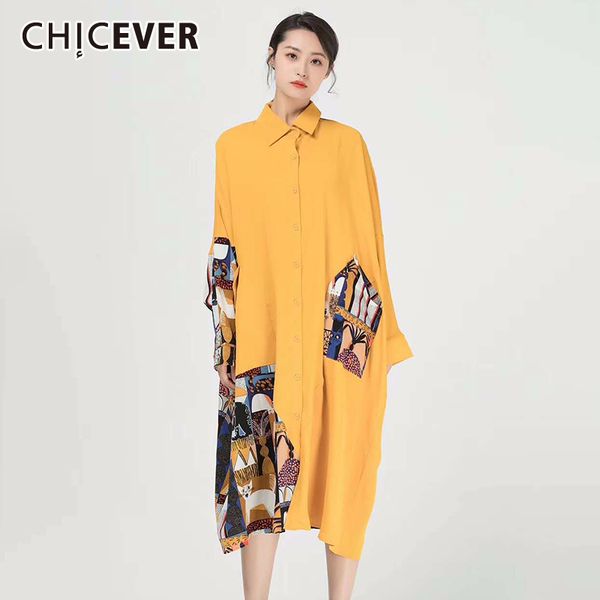 

chicever korean print women's dress lapel collar long sleeve hit color loose oversized midi female dresses 2020 fashion clothes, Black;gray