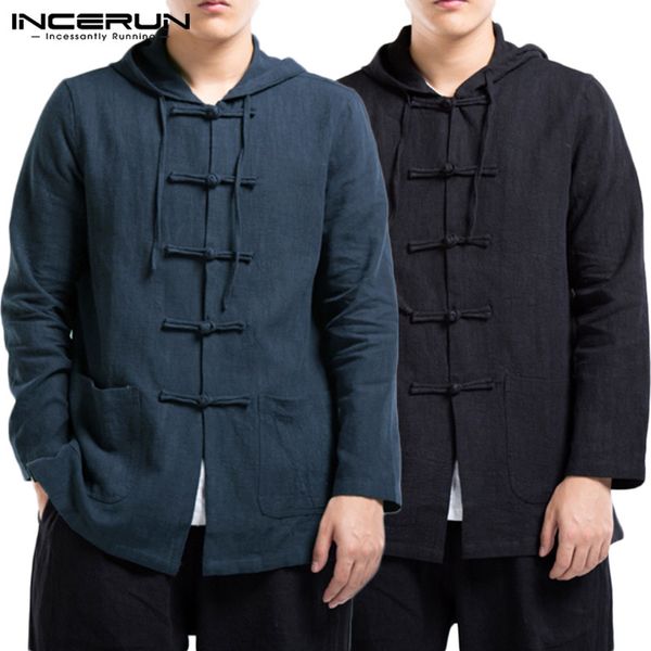 

incerun китайский harajuku мужчины чистый цвет с длинным рукавом повседневная рубашка с капюшоном куртки мода джокер пряжки хлопок мужчины б, White;black