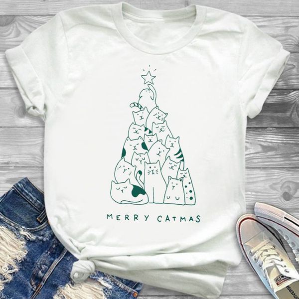 

merry christmas t shirt women short sleeve 100% cotton tshirt merry catmas funny kitty print cartoon cats tee christams tee, White