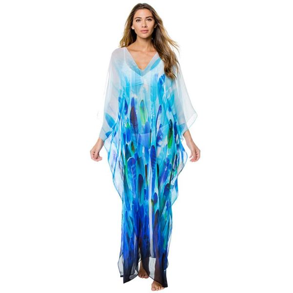 

cover-ups gradient feather print beach dress women chiffon long cover up maxi boho v-neck robe de plage vestidos playa