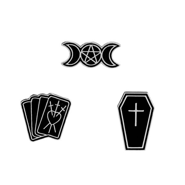 

punk trendy enamel pin triple moon pentacle brooch circular badge tarot card cross coffin jewelry, Gray