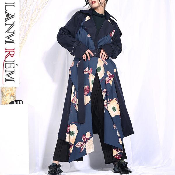 

lanmrem 2019 new women spring asymmetric lapel floral printing belt windbreaker female long sleeve trench fashion jaclets jo554, Tan;black