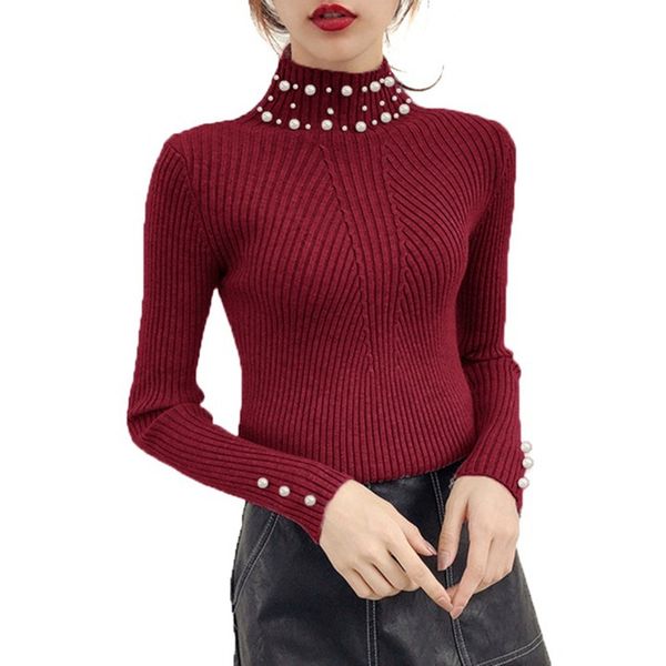 

2019 autumn/ winter mature women pearl beaded sweater half high collar long sleeve slim women knit sweater pullover, White;black