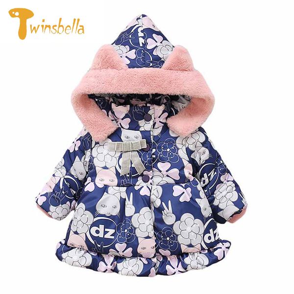 

twinsbella 2018 new baby winter coat down jacket new infant outwear girls cotton hooded clothing kids cartoon print warm costume, Blue;gray