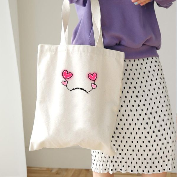 

pink shape bow heart print ladies cloth canvas tote bag shopping travel women eco reusable shoulder shopper bags sweet kawaii