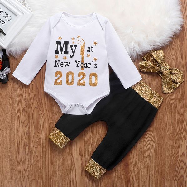 

2020 baby girls boys sets outfits my 1st new years printed romper pants headbands infant newborn baby boys clothes sets outfits, White