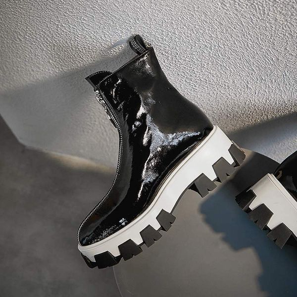

dilalula cow leather crystal front zipper leisure round toe french romantic punk design thick bottom mid-calf boots, Black
