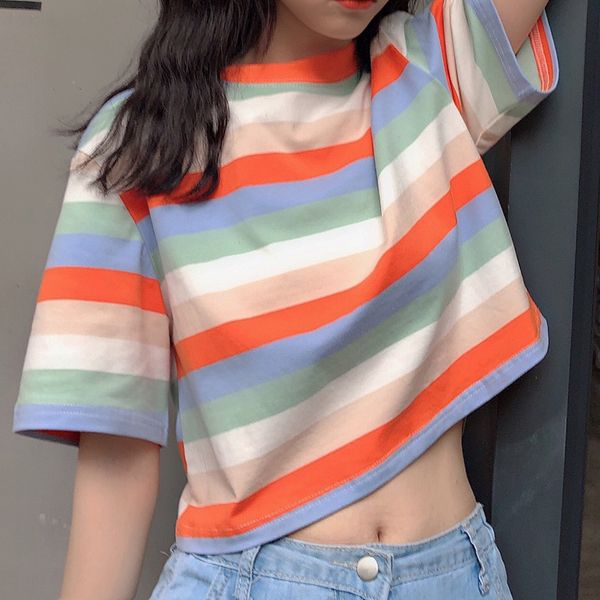 

тенниска женщины harajuku эстетическая streetwear crop top roupas feminina корейский одежда tee femme kawaii радуга плюс размер лето, White