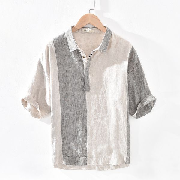 

men's casual shirts men summer fashion japan style vintage 100% yarn-dyed patchwork linen half sleeve male pullover chic, White;black