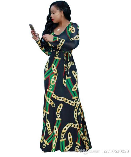 

women autumn long dress red green stripes chain print maxi dress casual long sleeves belt party dresses fashion bandage casual dresses, Black;gray