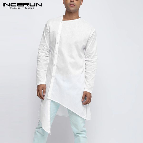 

men's casual shirts incerun men irregular shirt clothes long sleeve solid color button kurtas vintage streetwear muslim, White;black