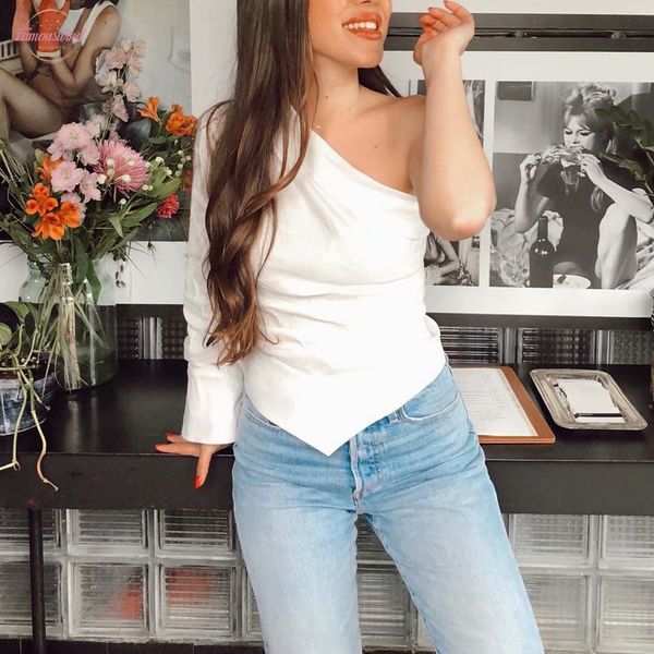 

women one shoulder white blouse irregularity long sleeve short style female regular 2020 casual shirts stylish blusas
