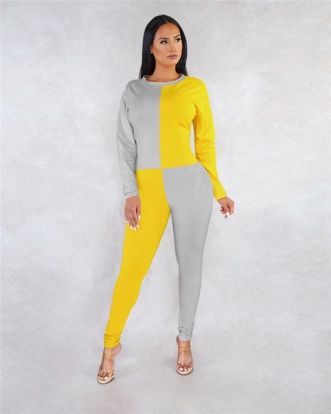 

2pcs suits spring designer patckwork crew neck long sleeve sets females new style slim trucksuits womens contrast color, Gray