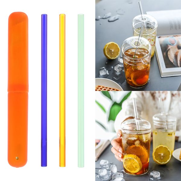 

4pcs/set reusable temperature resistant environmental glass water drinking straws with cleaner brush plastic box bar straws tool