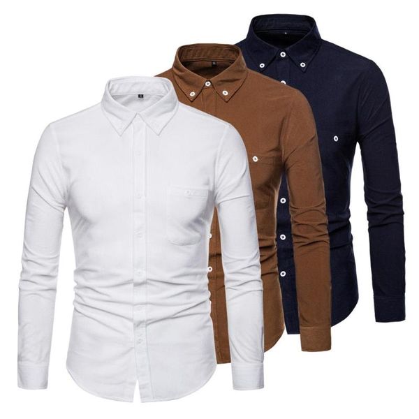 

plus size men lapel corduroy long-sleeves button soft business shirt, White;black