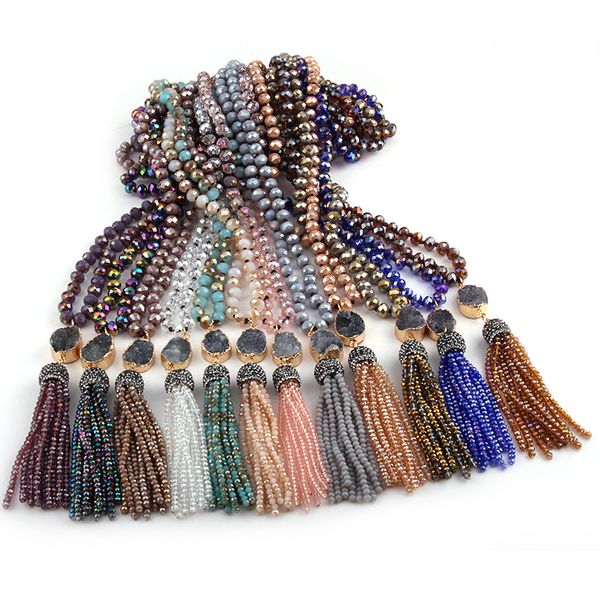

fashion bohemian tribal jewelry multi glass knotted druzy link crystal tassel necklaces women ethnic necklace 24 color choose, Silver
