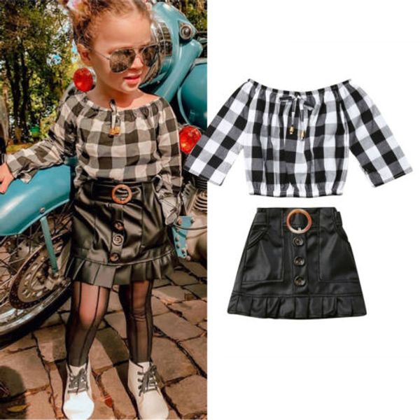 

uk kid baby girl outfit plaid long sleeve t-shirts leather skirts, White