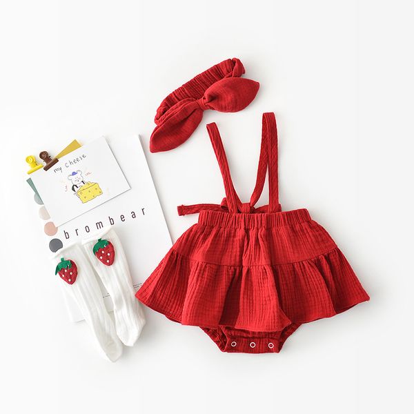 

2020 spring and summer newborn baby girls suspenders dress bowknots headband korean style infants clothes toddler princess dress, Red;yellow