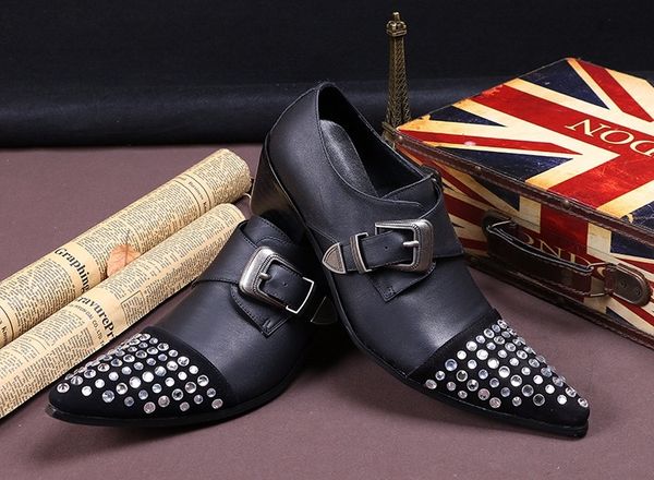 

new italian pointed fashion dress shoes buckled business male formal oxfords men genuine leather dress shoes ing, Black