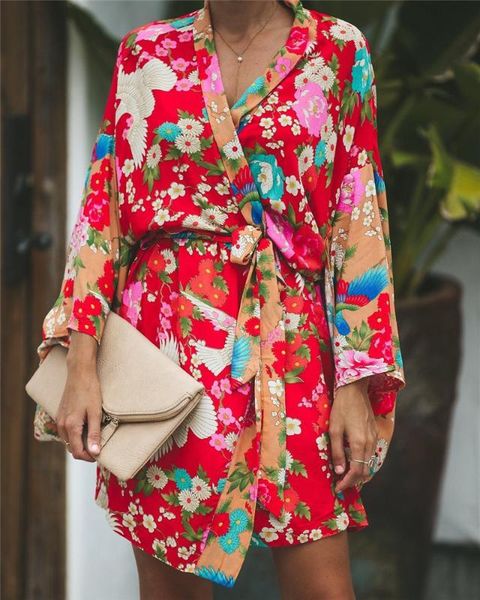 

summer women long sleeve bohemian floral casual loose long blouse kimono cardigan flare sleeve print thin shirt, White
