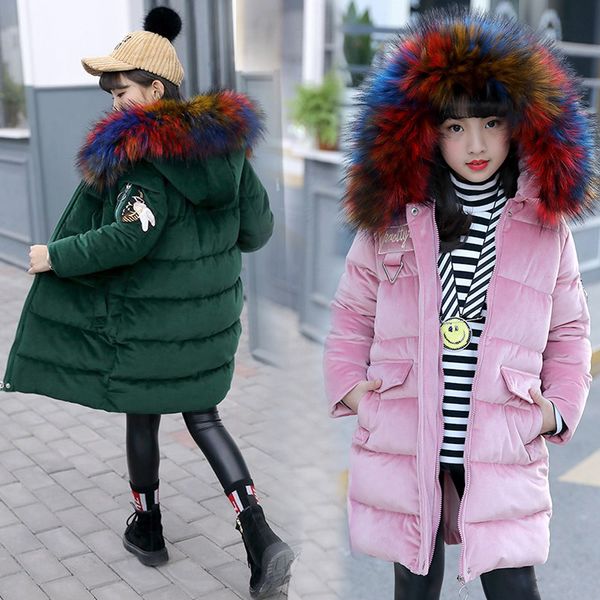 

5-12 years children girl down jacket winter thick warm long coat rainbow fur hooded kids outerwear clothes for teenager student, Blue;gray
