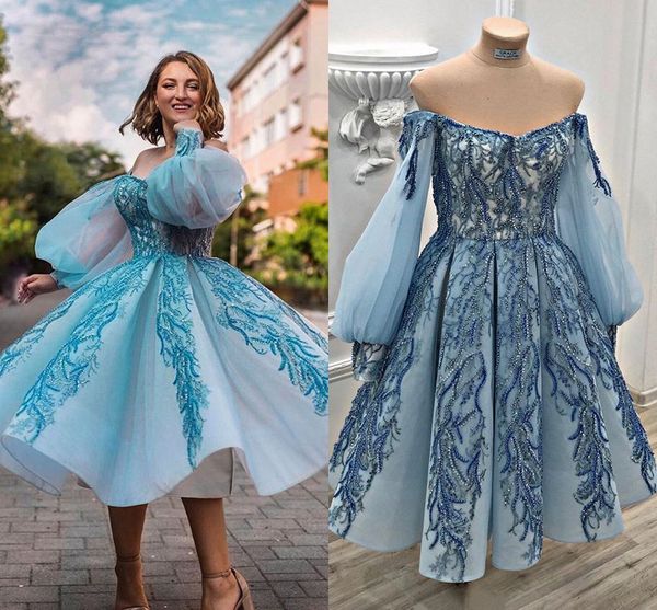 

2020 fashion cocktail party dresses off the shoulder appliqued beads long sleeve prom dress custom made tea length evening gowns, Black