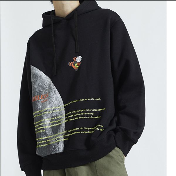 

cotton hip hop space panda moon print fleece hoodies sweatshirts streetwear 2019 men fashion harajuku casual hooded hoodie, Black