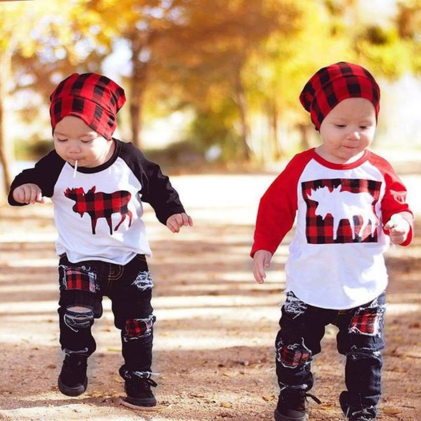 

newborn clothes christmas baby clothing newborn infant baby boys christamas cartoon deer denim pants outfits 2019 sale, White