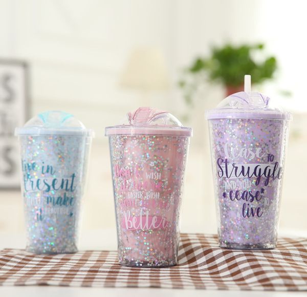 Os mais recentes 14.2oz drinkware criativo Creative Double-Layer Palha de Água de Plástico Mão Copo Graffiti Starry Sky Slider, Suporte Logotipo Personalizado