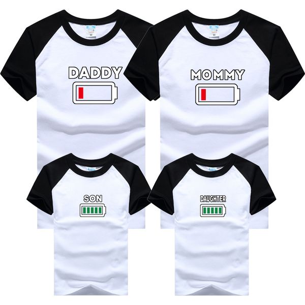 

summer family clothing mommy daughter daddy son battery t shirt brother sister matching outfits mother mommy and me family look, Blue