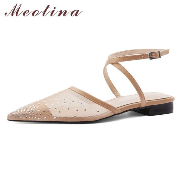 

meotina women shoes crystal natural genuine leather flat slingbacks shoes pointed toe buckle cutouts female summer black