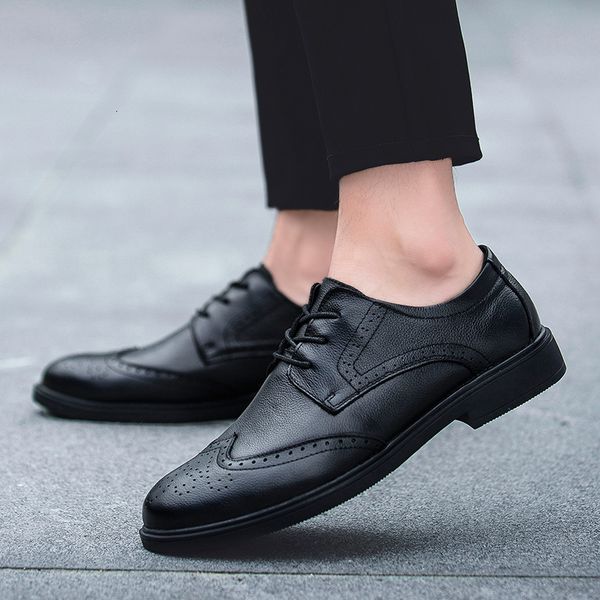 

men's genuine leather shoes black wedding shoes man dress business lace up fashion brand formal brogue party